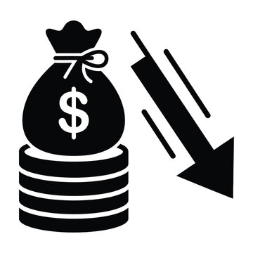 Financial decline icon showing money bag on coins with downward arrow indicating loss