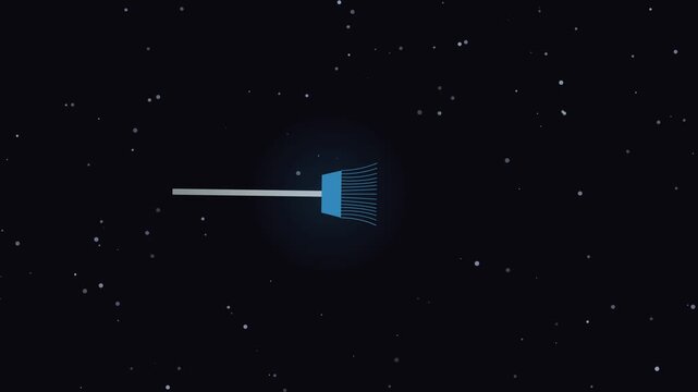 Surreal minimalist blue broom floating in deep dark space with glowing white stars