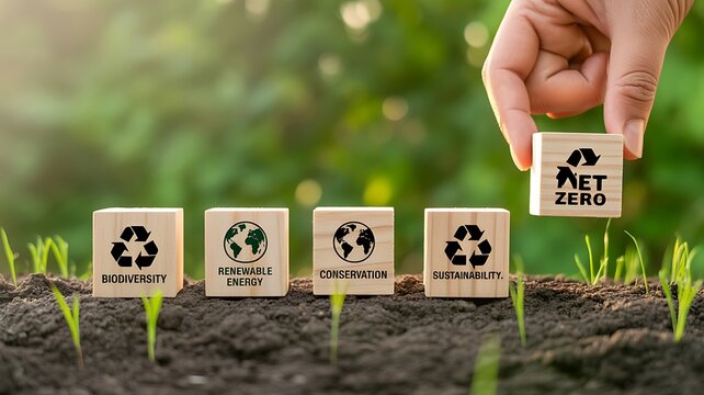 Net zero sustainability concept with environmental blocks and young plants