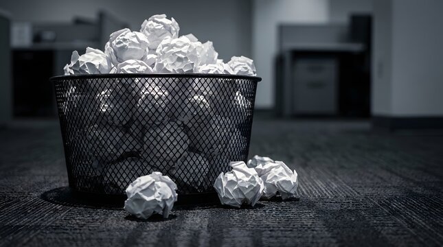 Overflowing wire mesh trash bin filled with crumpled paper balls on an office floor illustrating creative frustration and corporate writer block