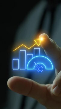 Businessman finger touching glowing financial growth bar chart with rising arrow and gauge dial vertical shot. Business KPI performance analytics, revenue benchmark, and profit boost idea concept.