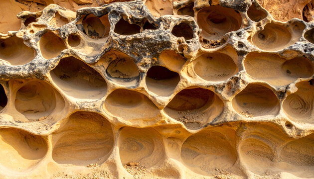 A detailed macro view of weathered pocketed volcanic tuff rock featuring natural honeycomb weathering patterns, holes, and cavernous tafoni erosions in earthy golden tones.