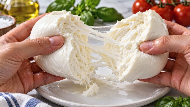 Close up of hands pulling fresh mozzarella cheese ball apart showing stretch and texture