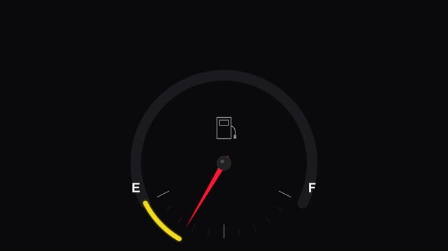 Modern car dashboard digital fuel gauge showing full tank with red needle indicator