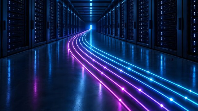 Illuminated fiber optic data streams flowing across the floor of a dark high tech server room corridor towards a bright portal