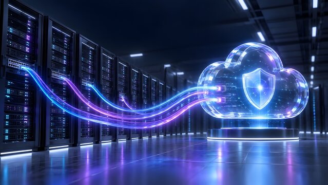 Glowing glass cloud with a security shield emblem receiving fiber optic data connections inside a modern server room
