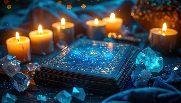 Mystical tarot cards surrounded by crystals and candlelight on dark velvet table, symbolizing spiritual connection, divination ritual, astrology, mystery and cosmic energy exploration