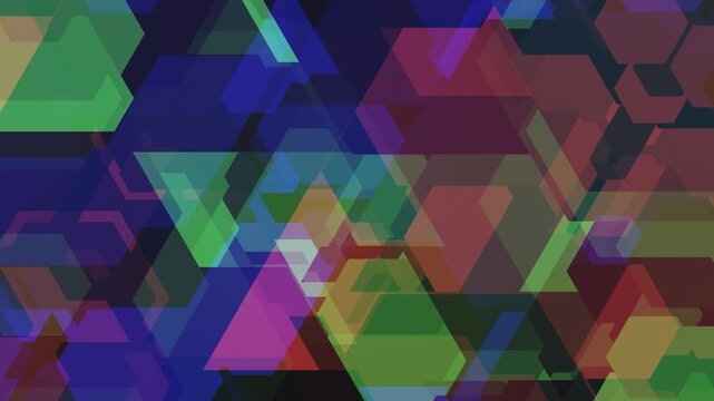 colorful overlapping translucent slow motion geometric shapes, vibrant triangles, hexagons