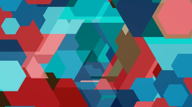 overlapping colorful triangle and hexagon shapes moving in an endless, seamless looping animation, vibrant geometric slow motion background