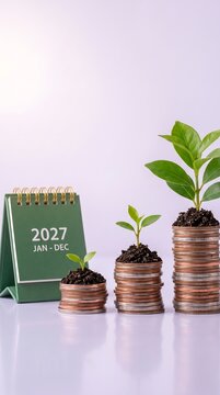 Small green plants growing out of growing piles of coins next to a 2027 calendar with financial growth saving money economic progress compound interest money tree