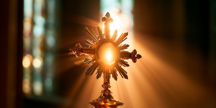 Corpus christi golden monstrance eucharist display for adoration in church with light shining from window view 