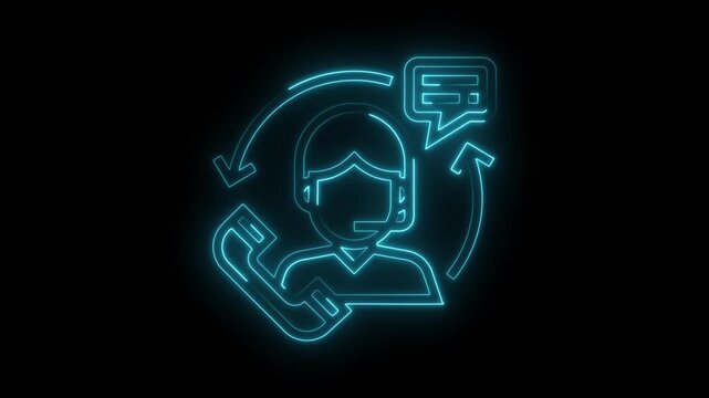 Neon customer service operator icon animated on black background symbolizing help and assistance