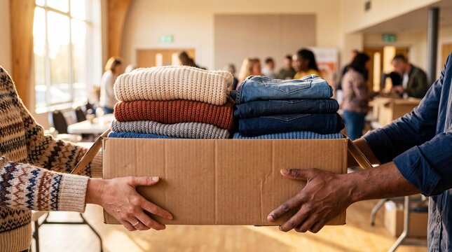 People holding a cardboard box of donated clothes for charity support