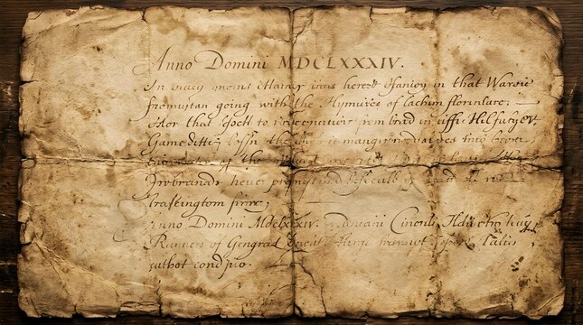 Ancient manuscript with handwritten cursive text on aged, folded parchment paper with vintage aesthetic