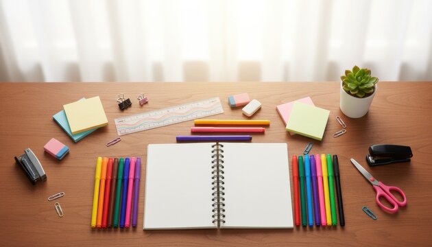 Desk setup displaying an open notebook, various colorful markers, post it notes, a ruler, and other essential stationary supplies