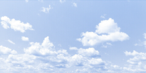 Obraz premium Blue and white halftone sky clouds creates a retro pop art vector illustration background. Dotted texture adds vintage comic book style with flowing cloud pattern perfect for modern design background.