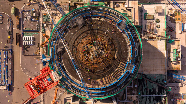 Aerial View of Circular Under Construction Nuclear Reactor Building