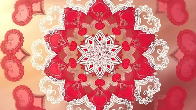 Valentine Mandala Red And White Symmetrical Pattern Featuring Intricate Heart Designs And Ornate Floral Elements For Romantic Seasonal Holiday Decor And Greeting Cards