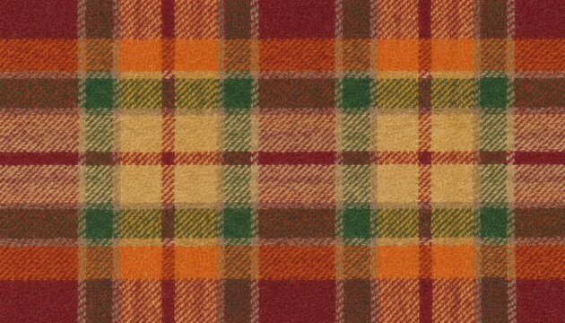 Warm tartan wool fabric in red orange and green, cozy pattern inspired by Scottish heritage, autumn fashion and rustic cabin holiday decor