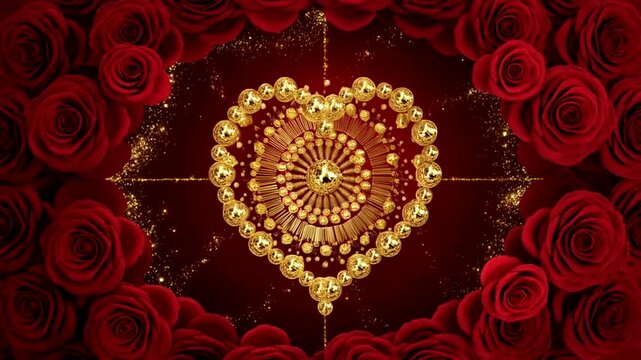 Valentine Mandala Golden Heart Pattern Valentine Mandala Featuring Dark Red Roses And Glowing Sparkles For Romantic Greeting Card Design And Seasonal Love Celebration Background