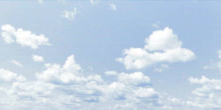 Blue and white halftone sky clouds creates a retro pop art vector illustration background. Dotted texture adds vintage comic book style with flowing cloud pattern perfect for modern design background.