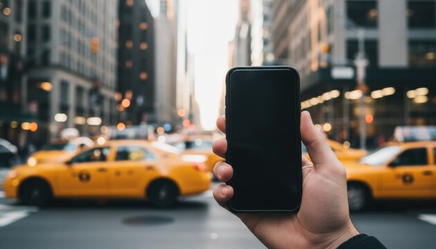 Hand holding smartphone with blank screen against blurred background of yellow taxi cabs and towering skyscrapers in bustling New York City street, suggesting use of a ride hailing application