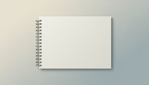 Blank square spiral bound notebook with white pages sitting centered on clean background with subtle cream and blue gradient, ideal for note taking or design mockup