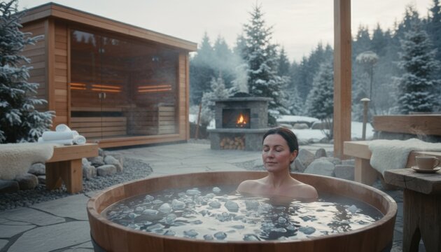 woman in steaming bath near sauna and fireplace in snowy resort depicting wellness tradition and winter calm