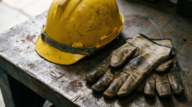 Worn yellow construction hard hat with a SAFETY FIRST strap next to a pair of dirty, well used leather work gloves on a metal table