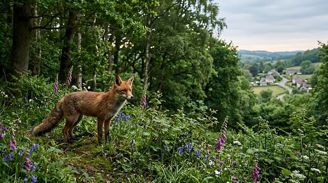 Wild red fox standing on a hill in a forest overlooking a small village