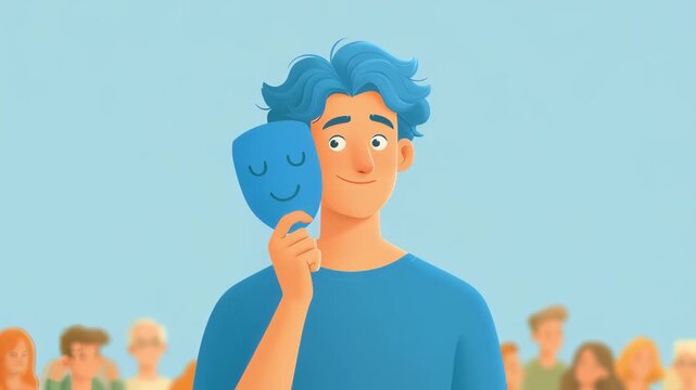 Illustrated man with blue hair standing in front of a crowd, hiding his real, anxious emotions and sadness behind a smiling mask to conform to social expectations and hide his true self