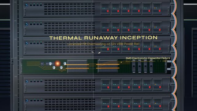 Animated schematic of a server rack fire suppression system demonstrating clean agent gas discharge to extinguish a thermal runaway electrical fire while preserving hardware and operations