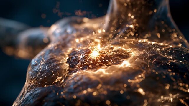 Intense energy particles glowing and pulsing from within the chest of a dark, rock like humanoid form, suggesting concepts of artificial intelligence, inner power, or supernatural creation