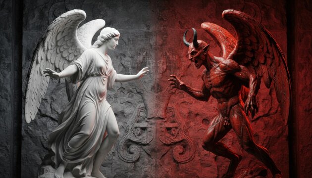 Dramatic stone relief sculpture depicting white winged angel and red horned demon in classic battle between good and evil