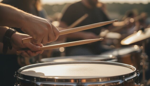 Close up of musicians hands playing snare drum with wooden sticks during outdoor concert performance with blurred background
