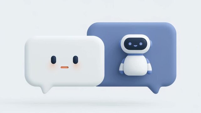Friendly ai chatbot and cheerful speech bubble character exchanging messages, symbolizing modern virtual assistant support, customer service, emotion driven online communication technology