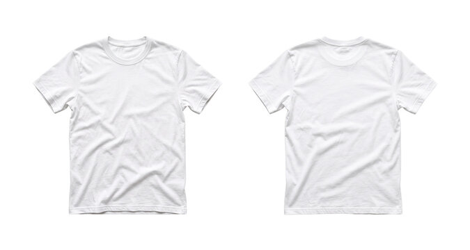 White cotton t-shirt mockup, front and back view, blank apparel template on white background