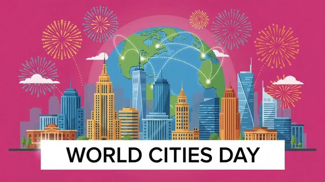 World Cities Day Banner with Globe and City Skyline Illustration on Pink
