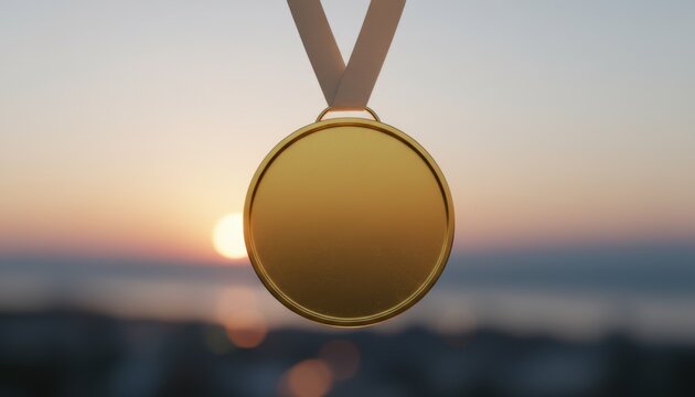 Gold winner medal with white ribbon hanging against soft sunset sky background symbolizing achievement and victory success
