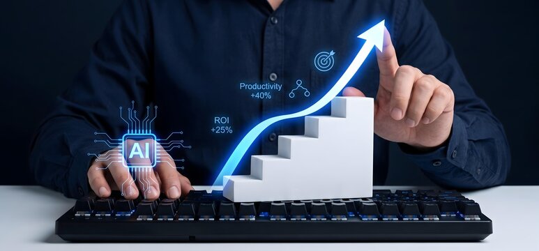 Person using AI technology to drive business growth with rising productivity and ROI visualized by a digital graph and staircase leading upwards on a keyboard.
