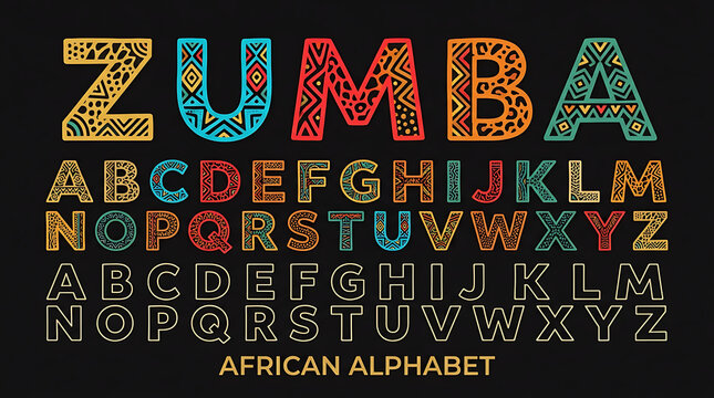 Colorful African Tribal Style Alphabet Set with Ethnic Geometric Patterns and Bold Typography