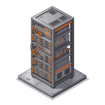 Clean Isometric of a Server Rack with Multiple Networked Servers and Cables in Gray and Orange with high quality professional line art symbols for modern creative design and digital branding projects