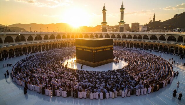 Mass gathering of pilgrims around the Kaaba during Hajj in Mecca representing spiritual unity, Islamic tradition, sacred ritual, and global religious devotion