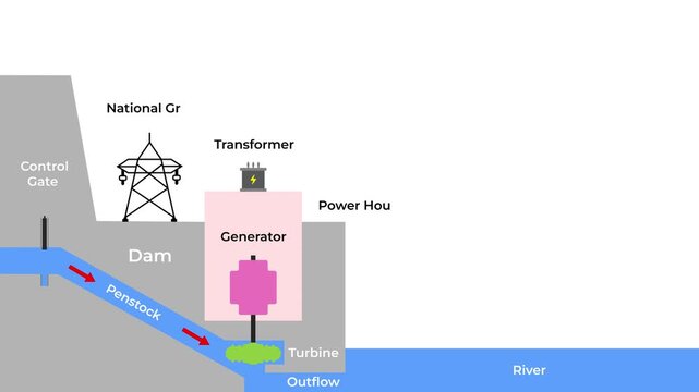 Animated 2D vector diagram explaining hydroelectric power plant electricity generation process with water flow, dam, turbine, generator, and grid.