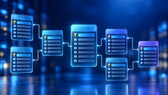 Relational Database Schema Diagram with Data Tables and Key Relations in Futuristic Blue Data Center Background