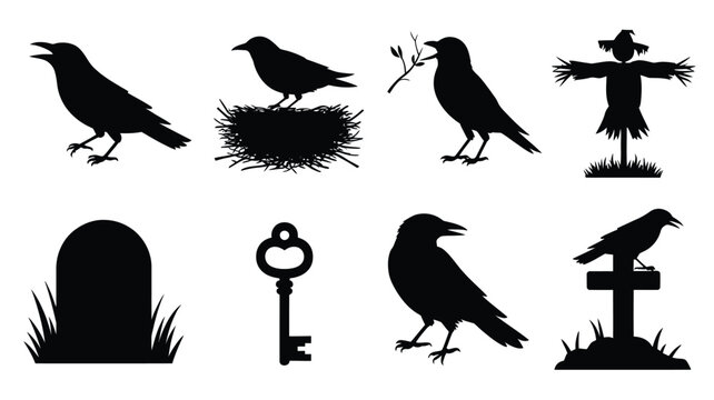 Black crow silhouette icon set vector featuring ravens, nest, branch, scarecrow, gravestone, key, and cross for Halloween theme design
