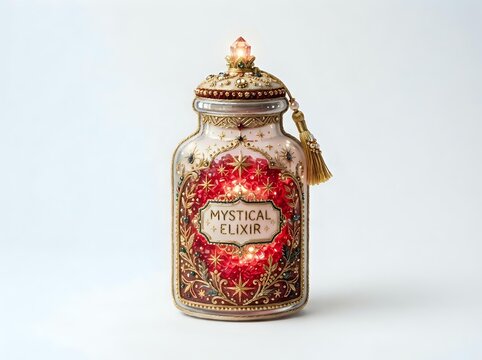 Ornate glass jar labeled mystical elixir with red glittering contents and gold decorative details