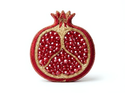 Ripe pomegranate fruit cut in half showing red arils and seeds, isolated on white background
