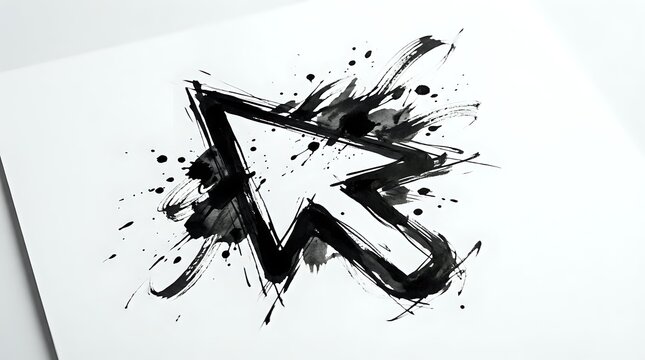 Grunge arrow cursor with ink splatter effect pointing right on white paper background