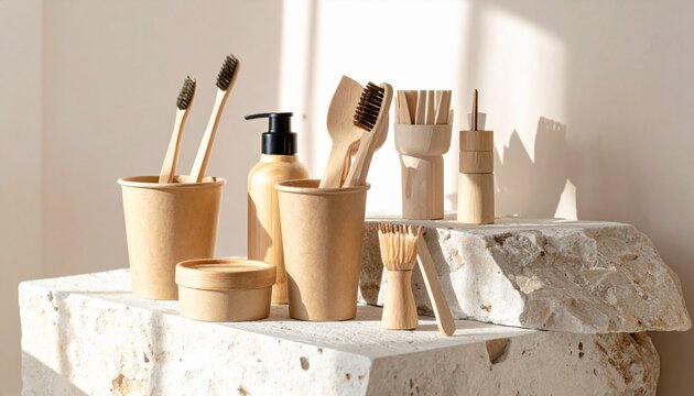 Set of sustainable bathroom supplies and dental care items on stone with eco friendly zero waste personal care conscious liv